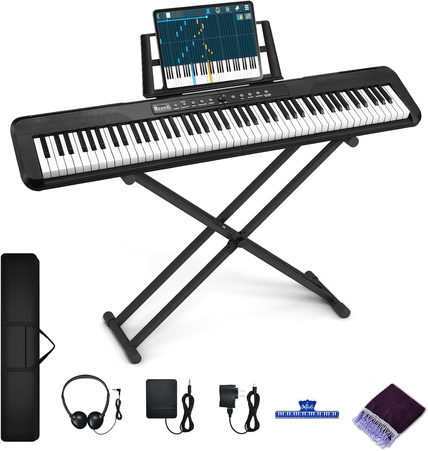 88 Key Keyboard Piano, Semi Weighted Electronic Digital Piano with Music Stand, Power Supply, Sustain Pedal, Stand, Bluetooth, Carrying Case, Headphones, USB-MIDI, Piano Lessons for Beginners